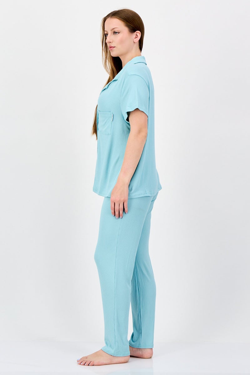 NINE WEST Women 2 Pieces Ribbed Top And Bottoms Set, Turquoise - Image 3